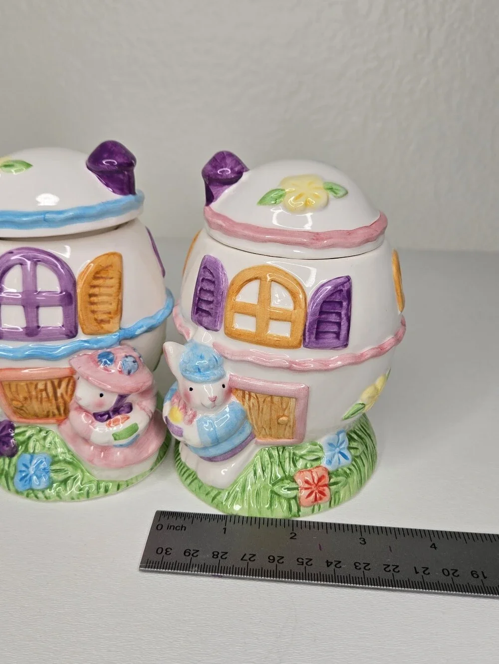 Ceramic Cottage Egg Bunny Girl and Boy Set Easter Candy Jars VTG Whimsical